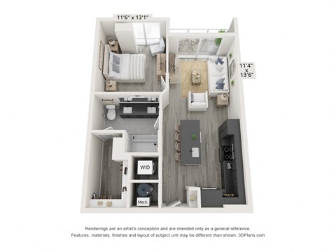 Floor plan for 1 bed, 1 bath, 721 sqft
